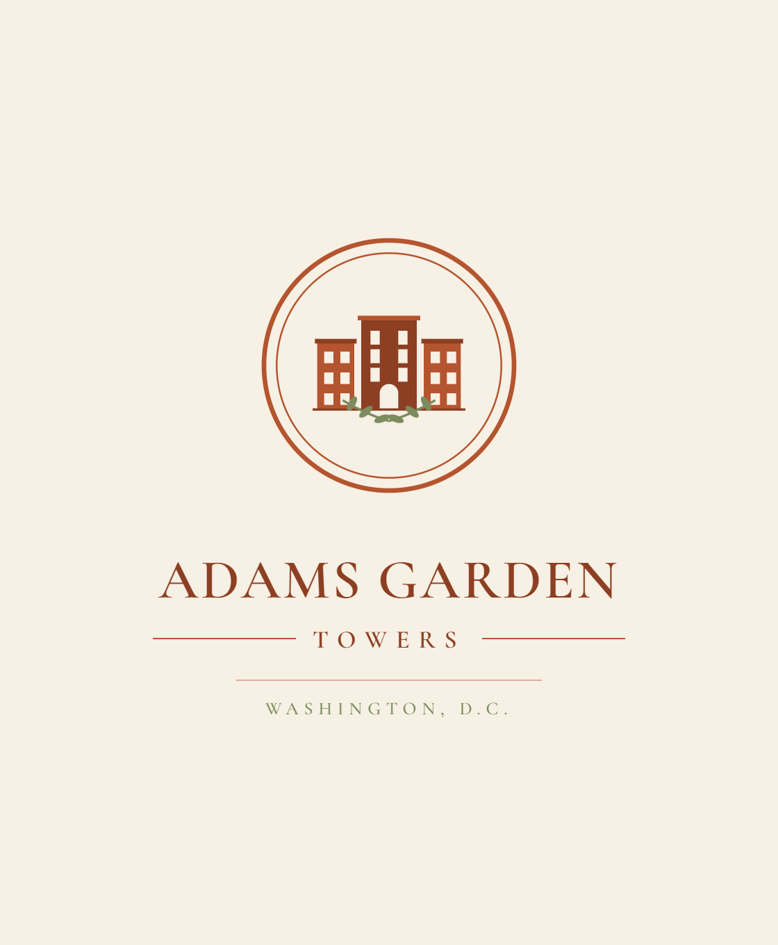 A logo with a building and the words "Adams Garden Towers Washington, D.C."